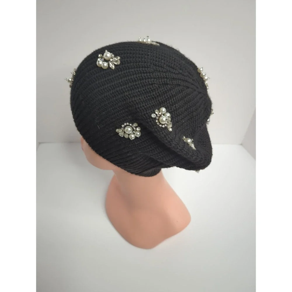 Alice + Olivia Black Wool Beret Knit Hat Rhinestone Slouchy Beanie Whimsigoth